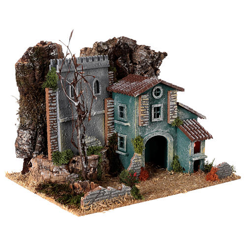 Fortress and house with oven, Moranduzzo Nativity Scene with 6 cm figurines, 19th century style, 40x30x30 cm 10