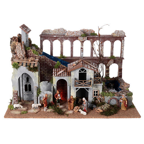 Aqueduct, house with fire and Moranduzzo's Nativity Scene with 10 cm figurines, 19th century style, 60x30x40 cm 1