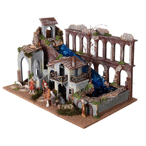 Aqueduct, house with fire and Moranduzzo's Nativity Scene with 10 cm figurines, 19th century style, 60x30x40 cm 3