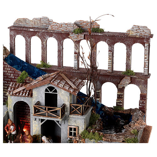 Aqueduct, house with fire and Moranduzzo's Nativity Scene with 10 cm figurines, 19th century style, 60x30x40 cm 4