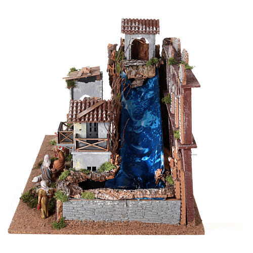 Aqueduct, house with fire and Moranduzzo's Nativity Scene with 10 cm figurines, 19th century style, 60x30x40 cm 5
