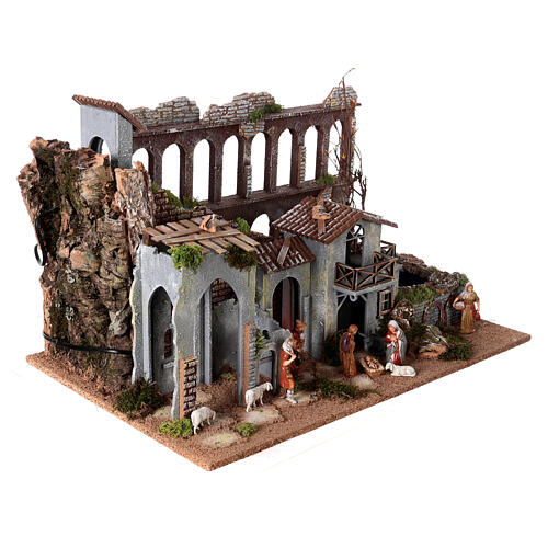 Aqueduct, house with fire and Moranduzzo's Nativity Scene with 10 cm figurines, 19th century style, 60x30x40 cm 6
