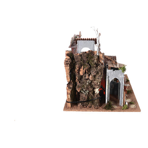 Aqueduct, house with fire and Moranduzzo's Nativity Scene with 10 cm figurines, 19th century style, 60x30x40 cm 7