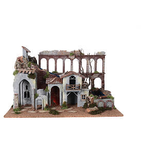 Aqueduct and house with fire for Moranduzzo's Nativity Scene with 10 cm figurines, 19th century style, 60x30x40 cm
