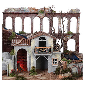 Aqueduct and house with fire for Moranduzzo's Nativity Scene with 10 cm figurines, 19th century style, 60x30x40 cm