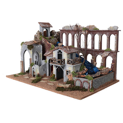 Aqueduct and house with fire for Moranduzzo's Nativity Scene with 10 cm figurines, 19th century style, 60x30x40 cm 3