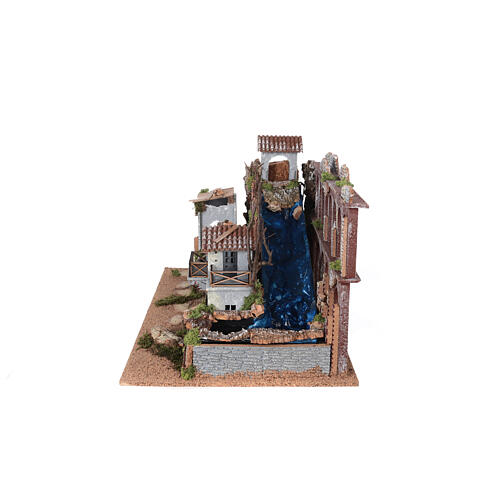Aqueduct and house with fire for Moranduzzo's Nativity Scene with 10 cm figurines, 19th century style, 60x30x40 cm 5