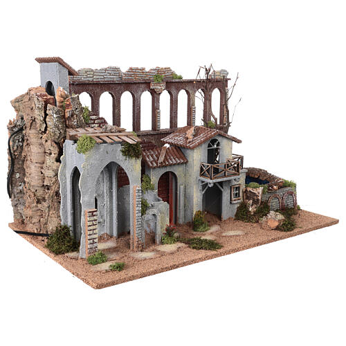 Aqueduct and house with fire for Moranduzzo's Nativity Scene with 10 cm figurines, 19th century style, 60x30x40 cm 6