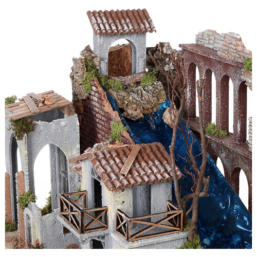 Aqueduct and house with fire for Moranduzzo's Nativity Scene with 10 cm figurines, 19th century style, 60x30x40 cm 8