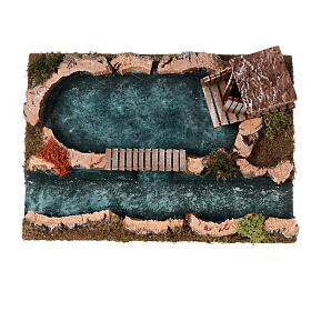 Cabana do pescador com lago miniatura presépio figuras altura média 4 cm; 27x18x8 cm