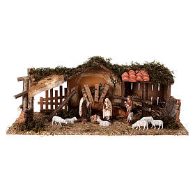 Stable with sheeps and Moranduzzo's Nativity Scene, 10 cm characters, 19th century style, 30x60x20 cm