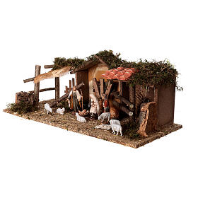 Stable with sheeps and Moranduzzo's Nativity Scene, 10 cm characters, 19th century style, 30x60x20 cm