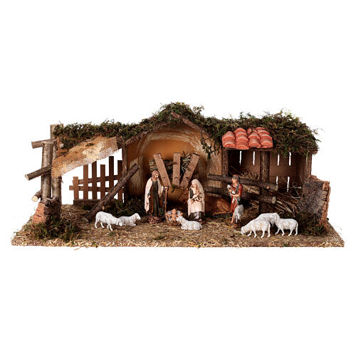 Stable with sheeps and Moranduzzo's Nativity Scene, 10 cm characters, 19th century style, 30x60x20 cm 1