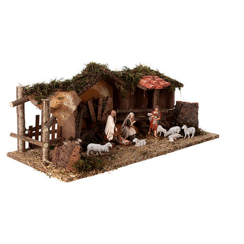 Stable with sheeps and Moranduzzo's Nativity Scene, 10 cm characters, 19th century style, 30x60x20 cm 3