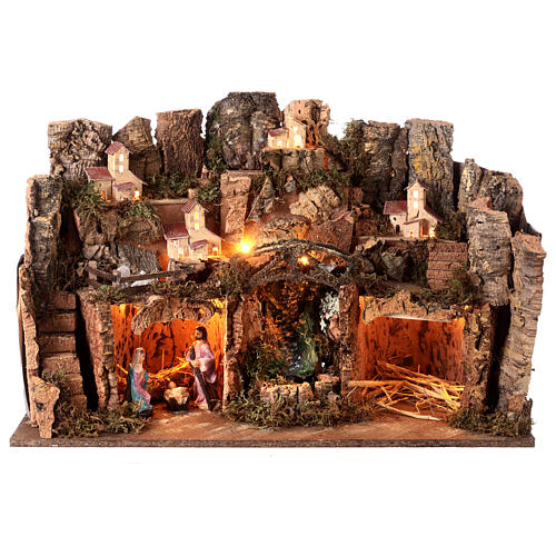 Setting with Nativity, hamlet, waterfall and lights for Nativity Scene with 10 cm characters 35x60x45 cm 1