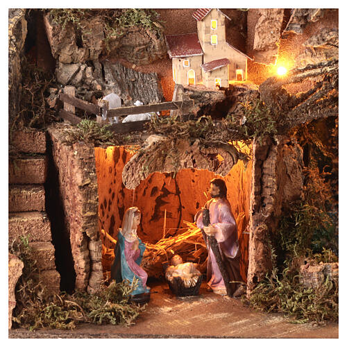 Setting with Nativity, hamlet, waterfall and lights for Nativity Scene with 10 cm characters 35x60x45 cm 2