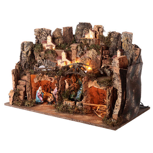 Setting with Nativity, hamlet, waterfall and lights for Nativity Scene with 10 cm characters 35x60x45 cm 3