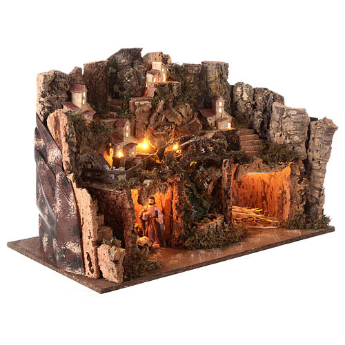 Setting with Nativity, hamlet, waterfall and lights for Nativity Scene with 10 cm characters 35x60x45 cm 5