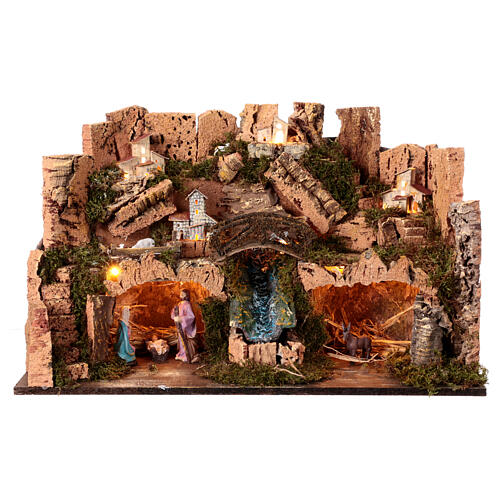 Setting with Nativity, hamlet, waterfall and lights for Nativity Scene with 10 cm characters 35x60x45 cm 7