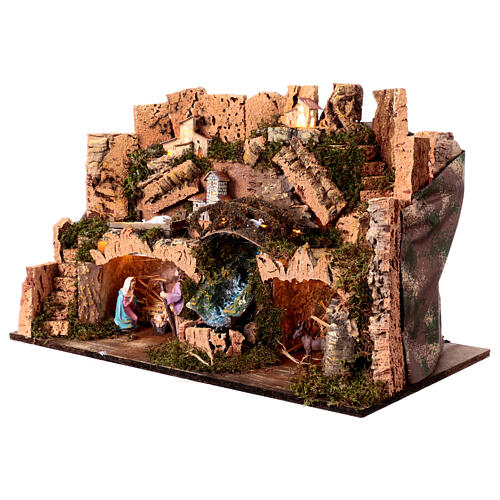 Setting with Nativity, hamlet, waterfall and lights for Nativity Scene with 10 cm characters 35x60x45 cm 9