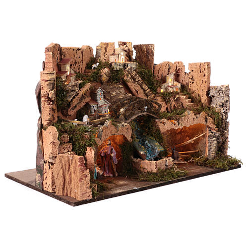 Setting with Nativity, hamlet, waterfall and lights for Nativity Scene with 10 cm characters 35x60x45 cm 10