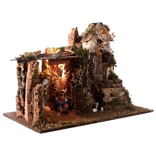 Nativity stable with old mill and lights for 16 cm Nativity Scene 45x60x35 cm 3