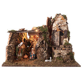 Cabane Nativité avec moulin et éclairage 45x60x35 cm crèche 16 cm