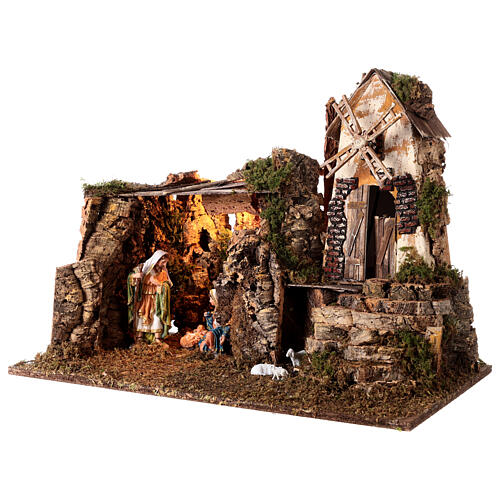 Cabane Nativité avec moulin et éclairage 45x60x35 cm crèche 16 cm 2