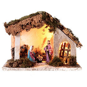 Cabane Nativité murs effet crépi et éclairage 30x35x20 cm pour crèche 10 cm