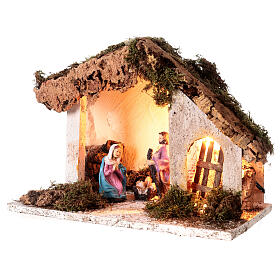 Cabane Nativité murs effet crépi et éclairage 30x35x20 cm pour crèche 10 cm