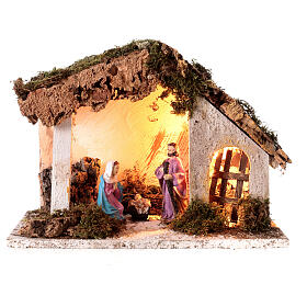 Stajenka Narodzenia Pańskiego, oświetlenie i drzwi wejściowe, szopka 10 cm, 30x35x20 cm