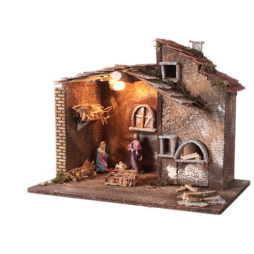 Cabane Nativité avec éclairage et four 40x45x30 cm crèche 10 cm 3