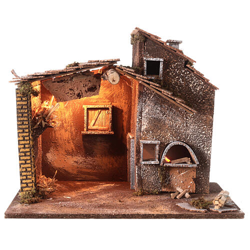 Cabane Nativité avec éclairage et four 40x45x30 cm crèche 10 cm 4