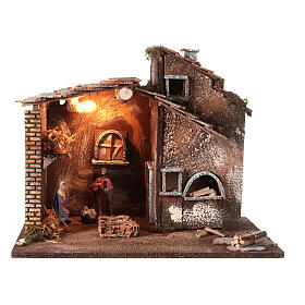Stajenka z oświetlonym piecem Sceny Narodzenia Pańskiego, szopka 10 cm, 40x45x30 cm