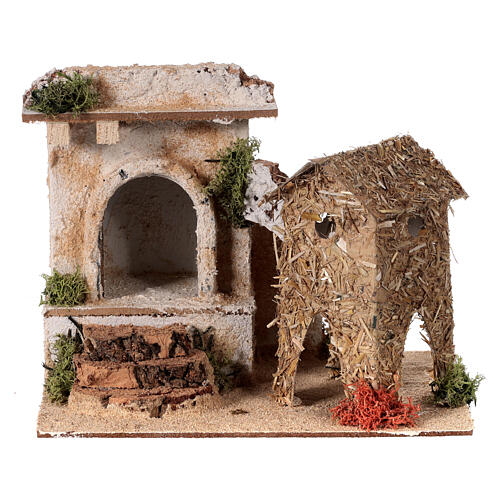 Maisonnette avec arche et marches bois 15x20x15 cm santons 4-5 cm 1