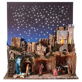 Village crèche avec Nativité ciel nocturne 70x60x35 cm pour santons 12 cm