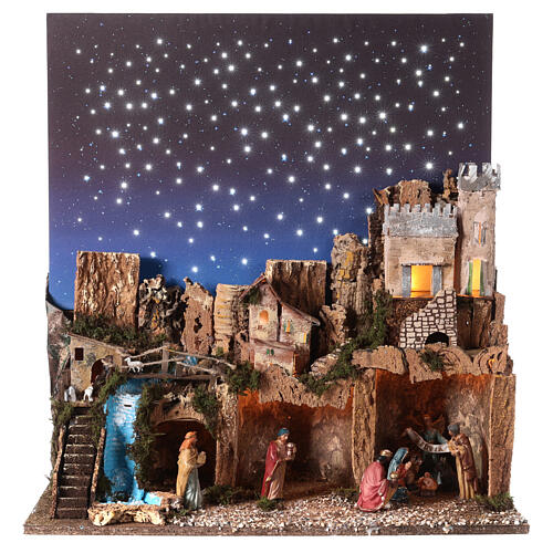 Village crèche avec Nativité ciel nocturne 70x60x35 cm pour santons 12 cm 1