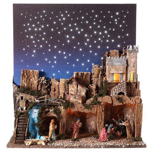 Osada szopka z postaciami sceny Bożego Narodzenia 12 cm, nocne niebo, 70x60x35 1