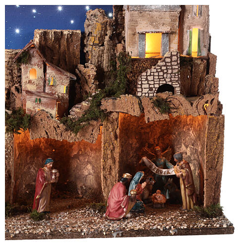Osada szopka z postaciami sceny Bożego Narodzenia 12 cm, nocne niebo, 70x60x35 2