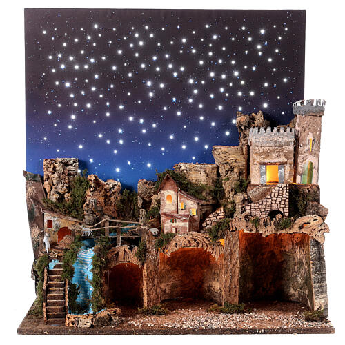 Osada szopka z postaciami sceny Bożego Narodzenia 12 cm, nocne niebo, 70x60x35 6