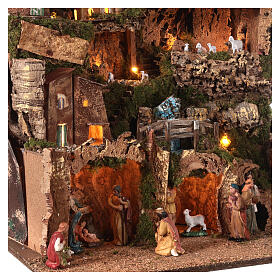 Multi-storey Nativity village with mill, illuminated, for 10 cm characters, 60x50x45 cm