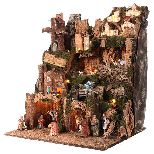 Multi-storey Nativity village with mill, illuminated, for 10 cm characters, 60x50x45 cm 3