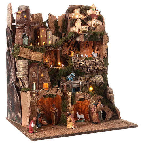 Multi-storey Nativity village with mill, illuminated, for 10 cm characters, 60x50x45 cm 4