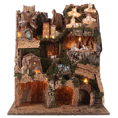 Aldeia de montanha iluminada com moinho 60x50x45 cm para presépio de 10 cm 5