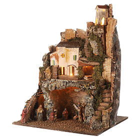 Village on two levels with Nativity and lights, 70x55x45 cm, for Nativity Scene of 10 cm