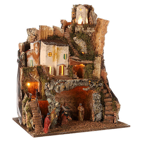 Village on two levels with Nativity and lights, 70x55x45 cm, for Nativity Scene of 10 cm 3