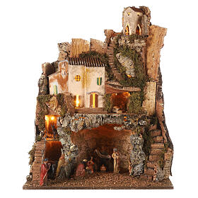 Borgo Natività due piani illuminata 70x55x45 cm presepe 10 cm
