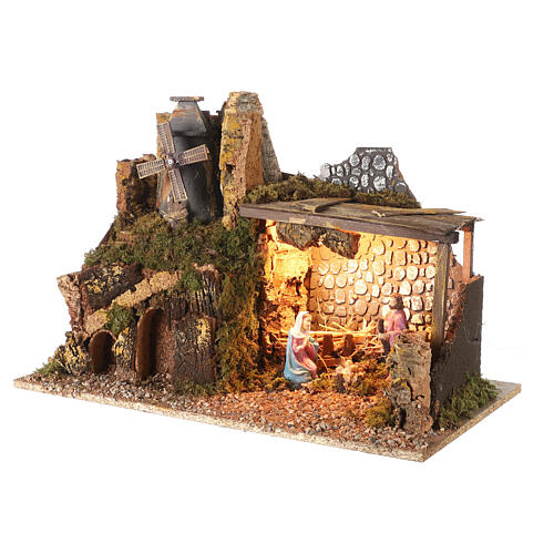 Capanna illuminata mulino 35x50x30 cm presepe 10 cm 2