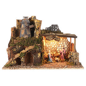 Illuminated stable with mill 35x50x30 cm, 10 cm nativity set