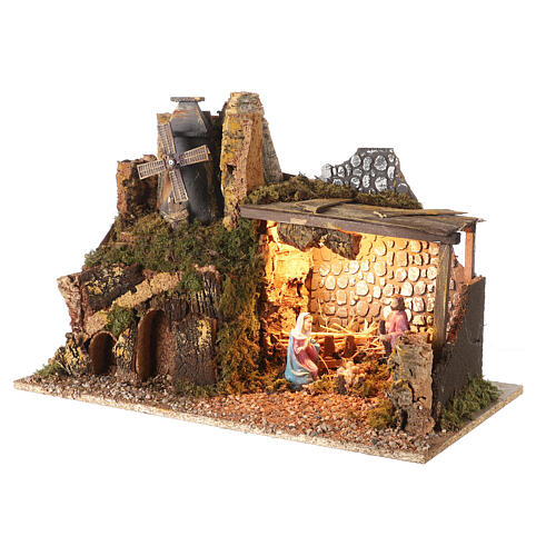 Illuminated stable with mill 35x50x30 cm, 10 cm nativity set 2